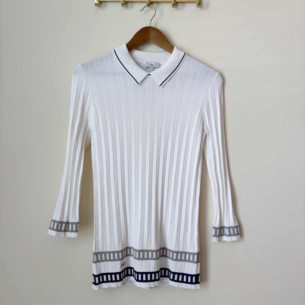 L'ETOILE Sport Pleated Striped Tunic Top Large Luxe Athletic